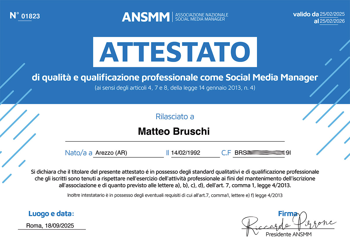 Matteo Bruschi certificato ANSMM Social Media Manager